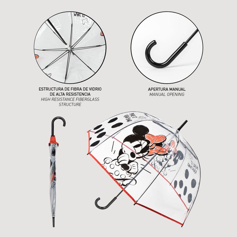 Paraguas transparente manual de Minnie Disney con lunares negros y borde rojo - 2