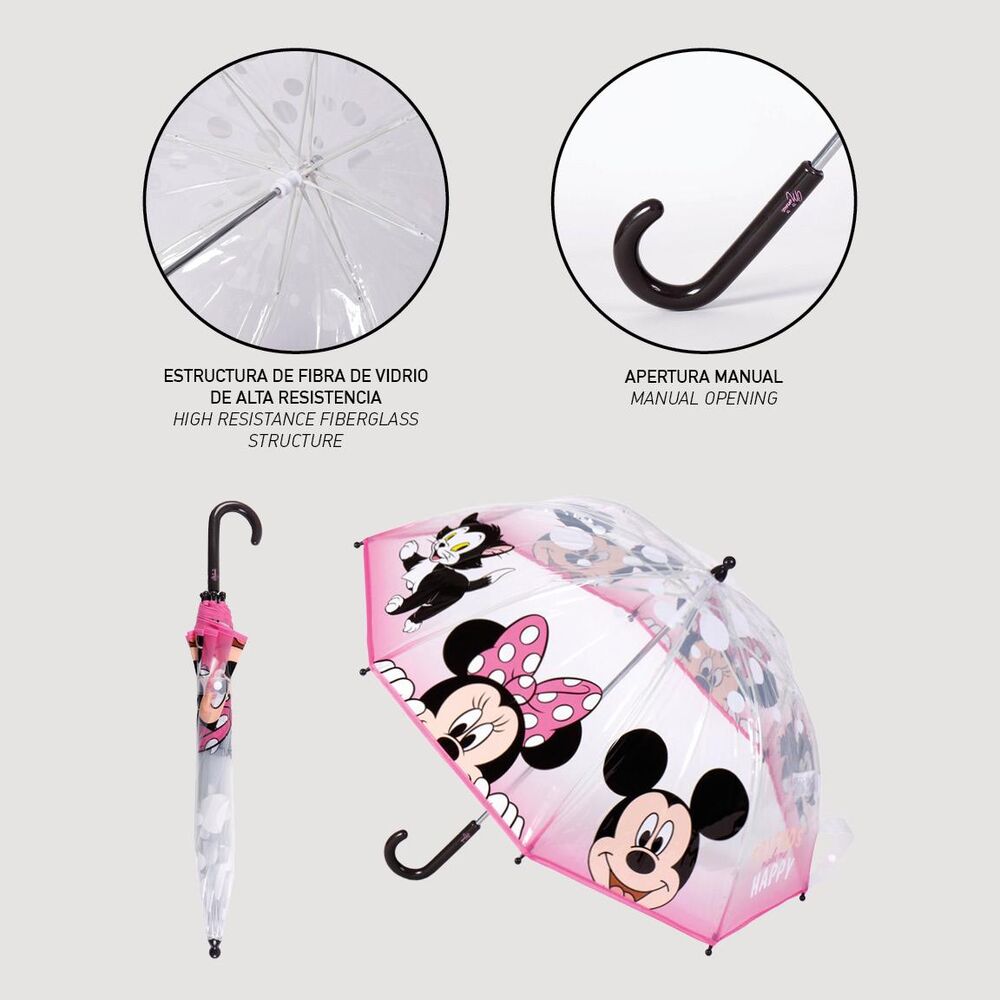 Paraguas burbuja transparente Disney de Minnie y Mickey con borde rosa - 3