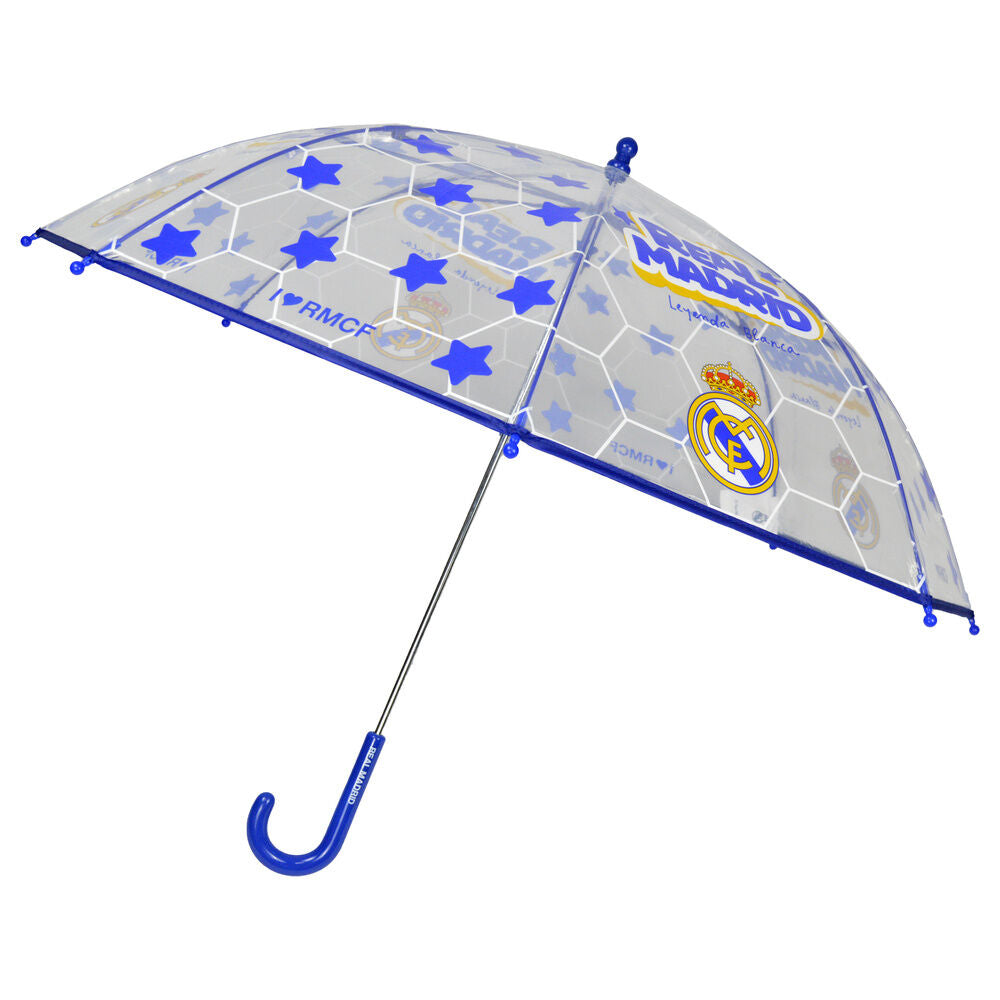 Paraguas manual transparente del Real Madrid con estrellas azules y mango curvo