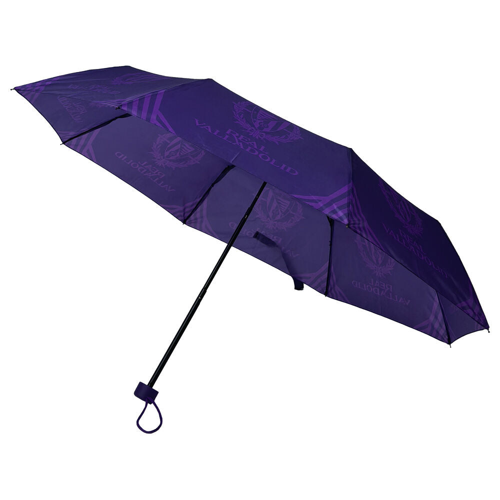 Paraguas plegable morado del Real Valladolid abierto