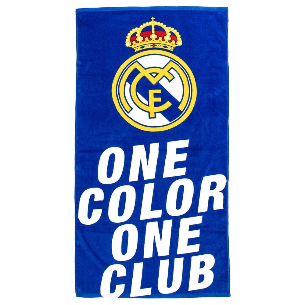 Toalla azul del Real Madrid de algodón con escudo y mensaje One Color One Club