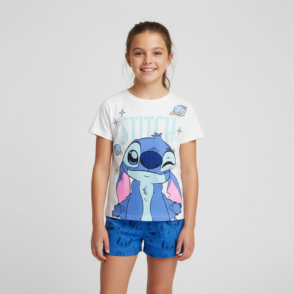 Pijama infantil Stitch Disney de camiseta blanca y pantalón corto azul - 5