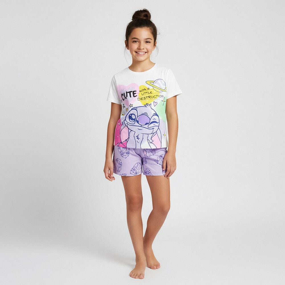 Pijama corto infantil Stitch Disney con camiseta estampada y pantalón lila - 5