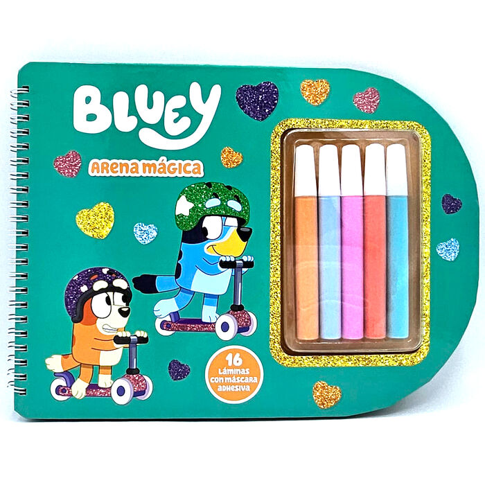 Libreta Arena Mágica Bluey con láminas adhesivas y tubos de glitter