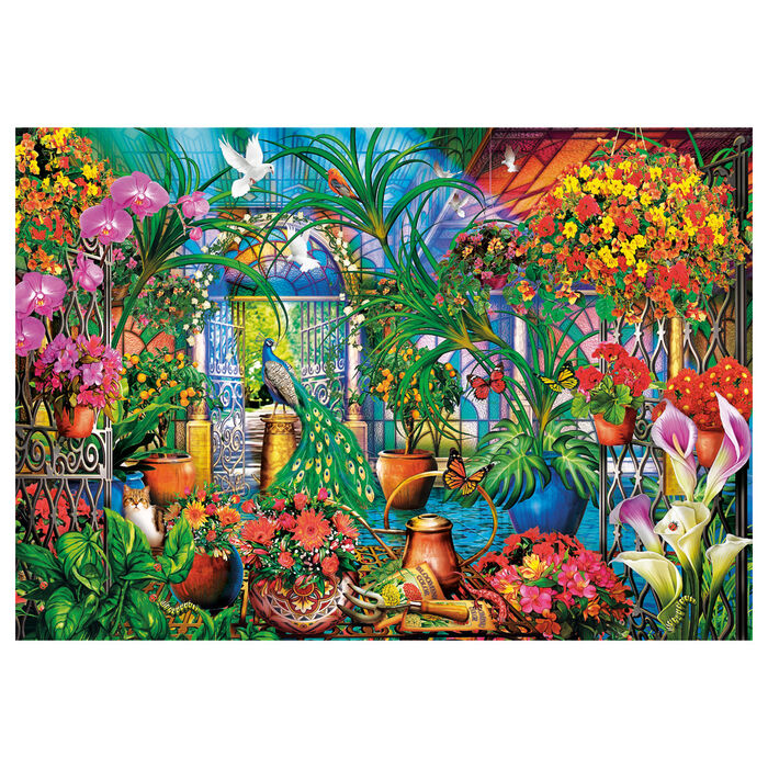 Puzzle Clementoni de 500 piezas con un invernadero lleno de flores, plantas y un pavo real - 2
