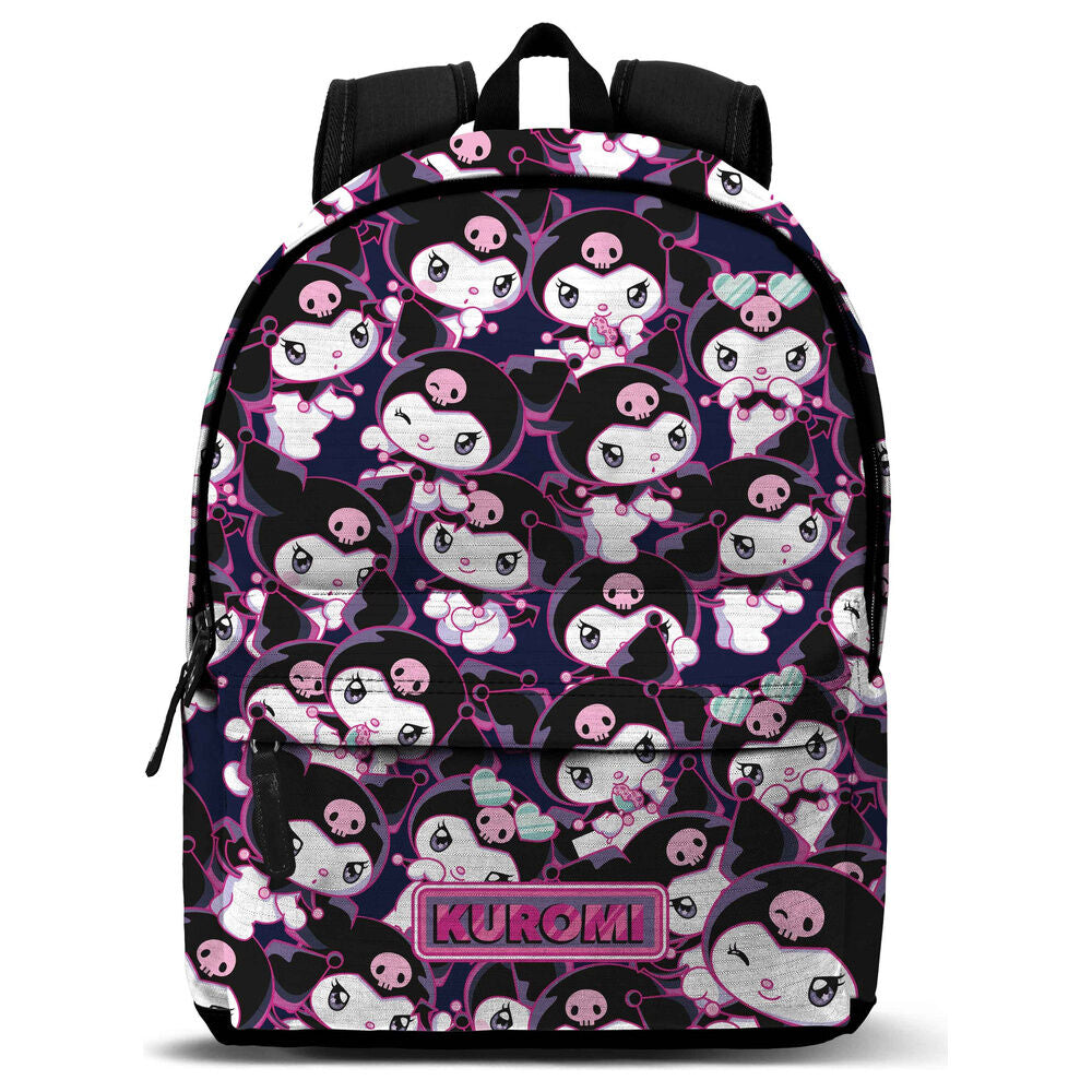 Mochila Kuromi Hello Kitty negra con estampado rosa y bolsillo frontal