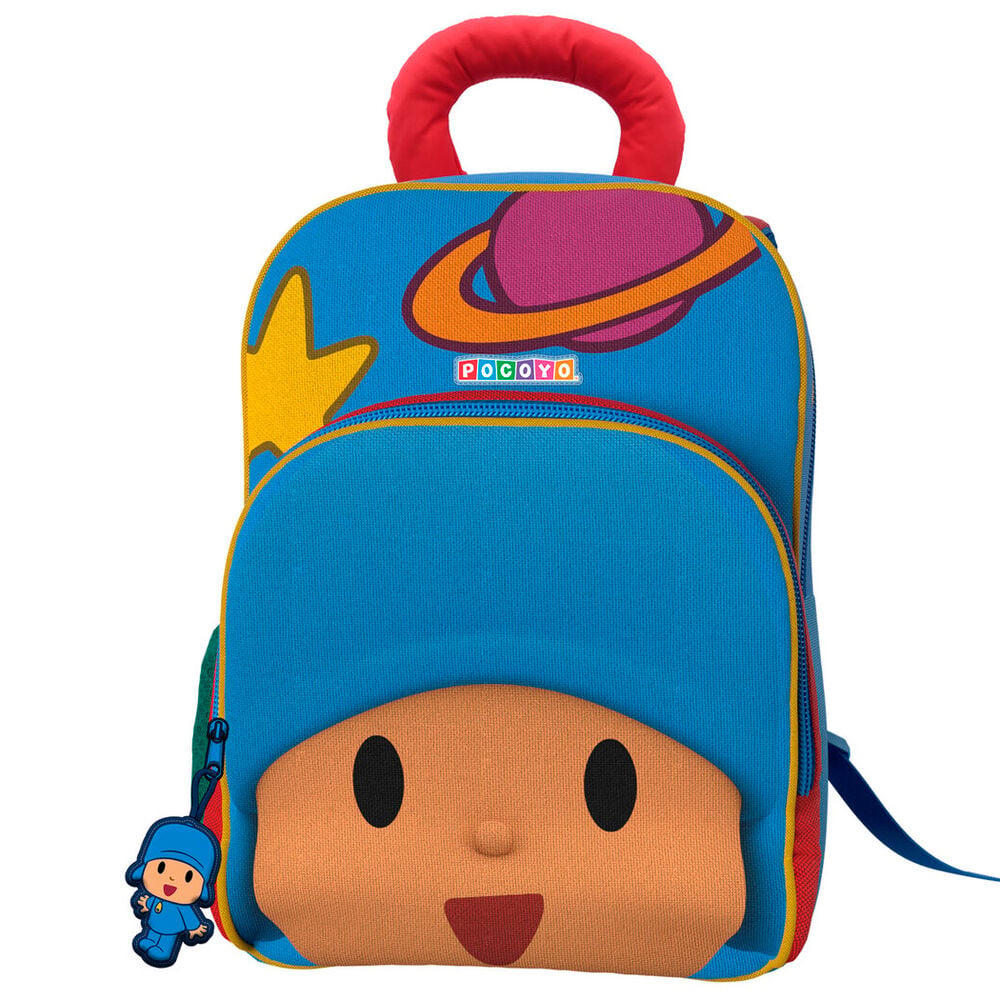 Mochila azul de Pocoyó con bolsillo frontal y diseño de planeta