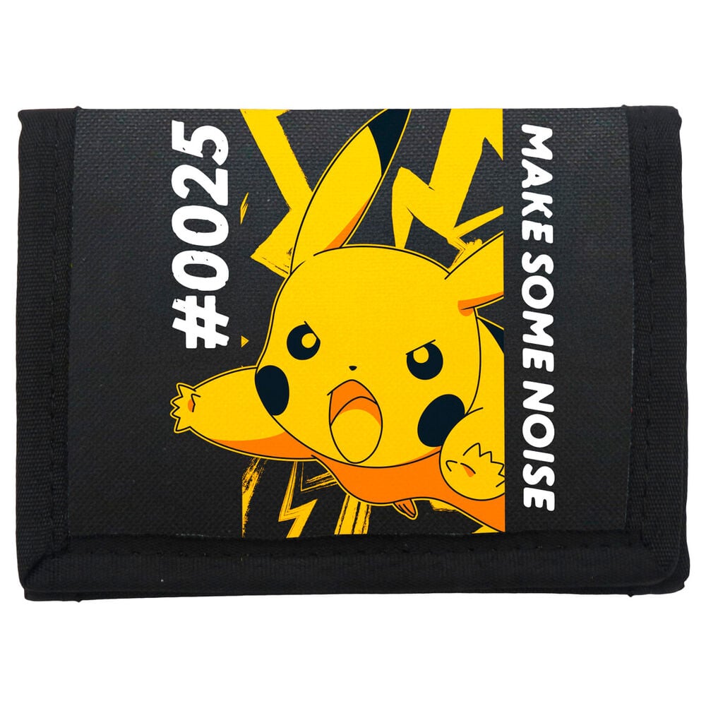 Billetera negra de Pokémon con ilustración amarilla de Pikachu
