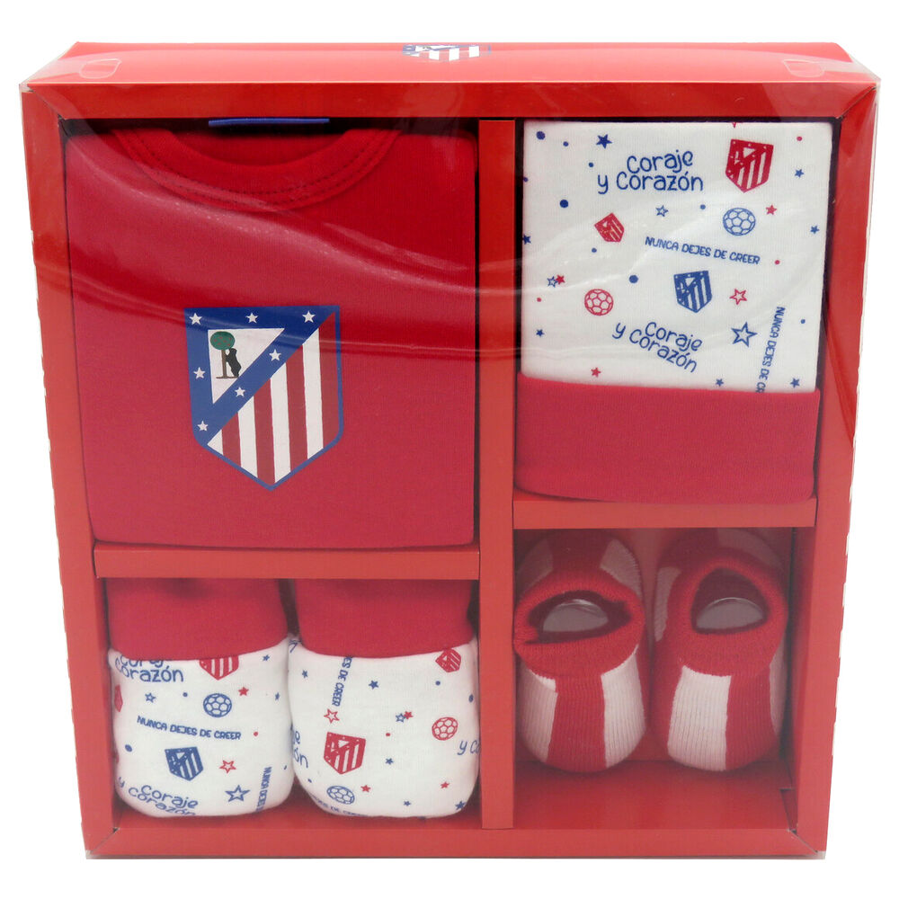 Set de primera puesta para bebé del Atlético de Madrid con body, gorro, calcetines y manoplas
