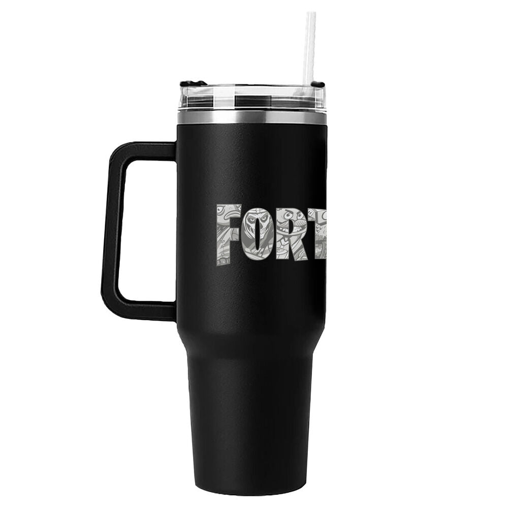 Vaso termo negro de Fortnite con asa, tapa transparente y pajita