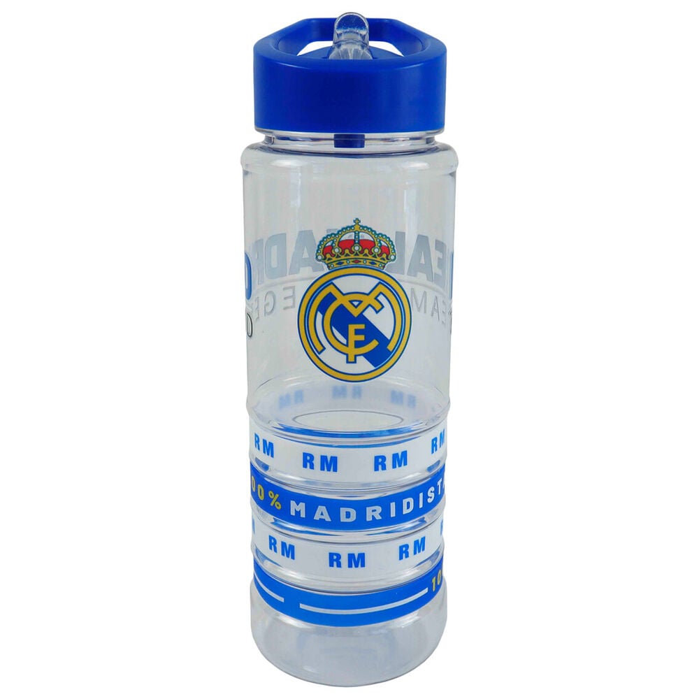 Cantimplora transparente del Real Madrid de 700 ml con tapón azul y pulseras