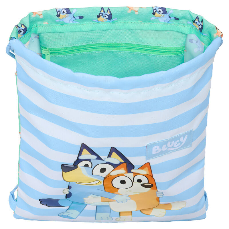 Saco Bluey con Bluey y su hermana sobre fondo de rayas azules y blancas - 4
