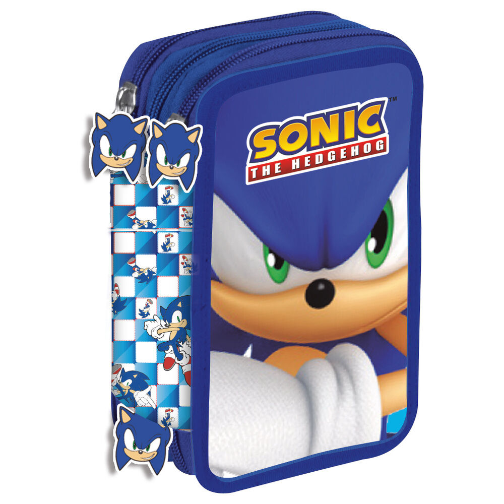 Plumier triple azul de Sonic the Hedgehog con tres compartimentos