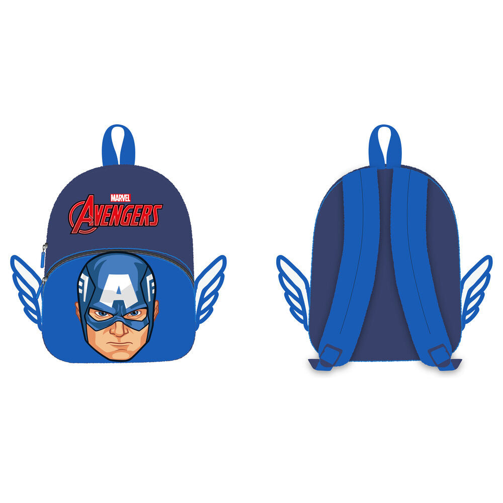 Mochila azul Avengers Marvel con diseño de Capitán América y alas laterales
