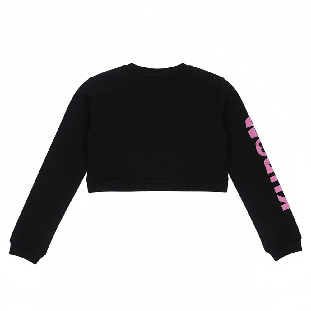 Sudadera negra de Kuromi Hello Kitty con estampado frontal y texto rosa en la manga - 3