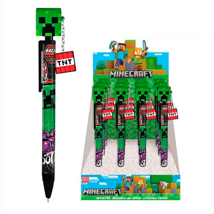 Bolígrafo Minecraft verde con topper de Creeper y detalle de TNT