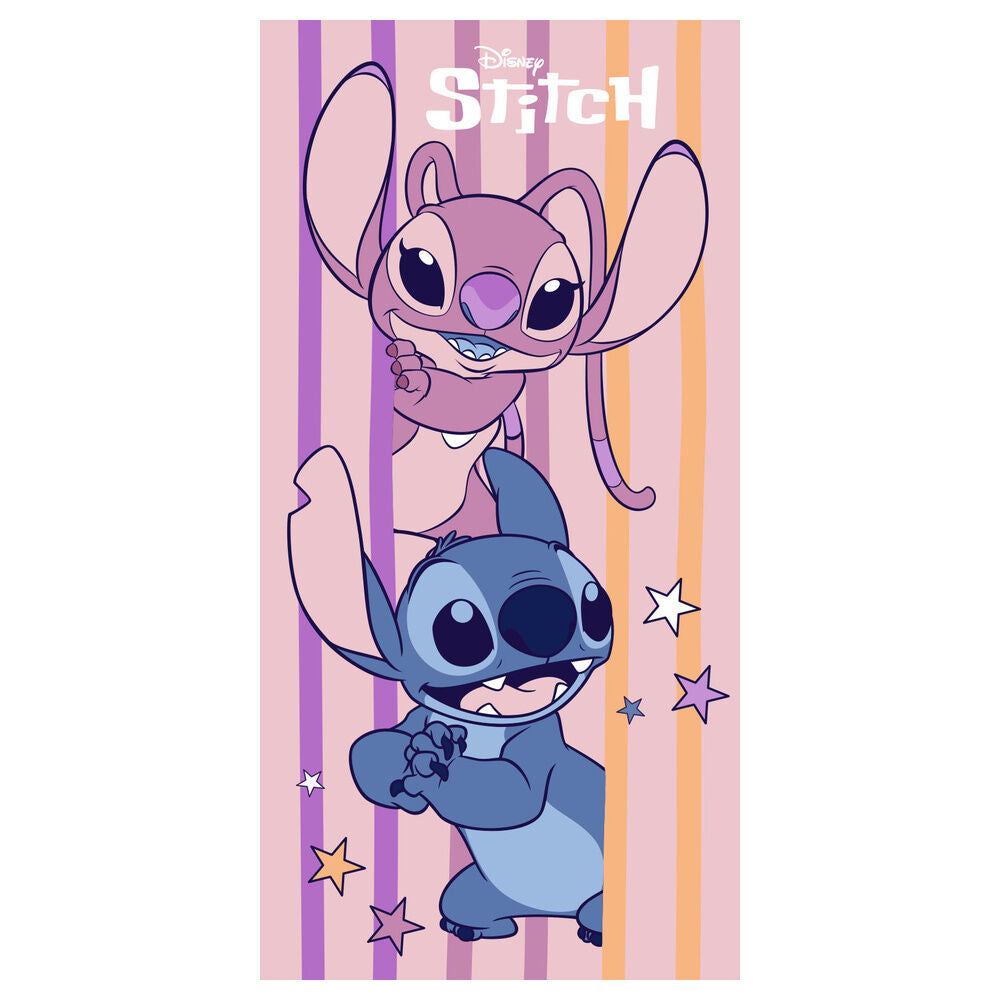 Toalla Disney de microfibra con Angel y Stitch sobre rayas de colores
