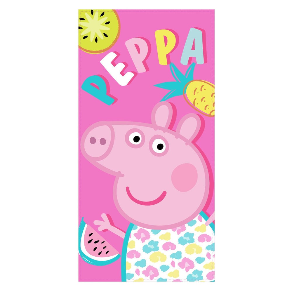 Toalla rosa de microfibra con Peppa Pig y frutas