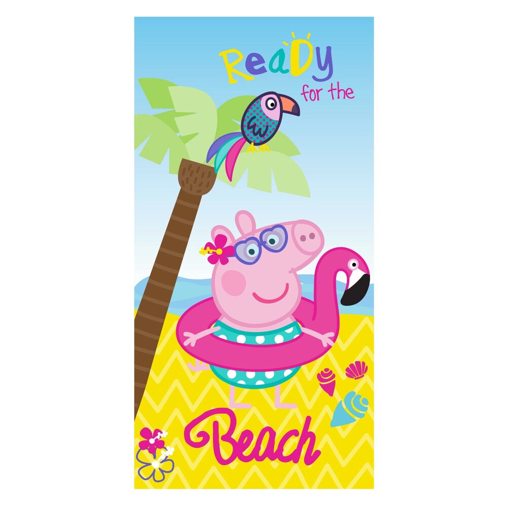 Toalla Peppa Pig con diseño tropical, flamenco y flotador