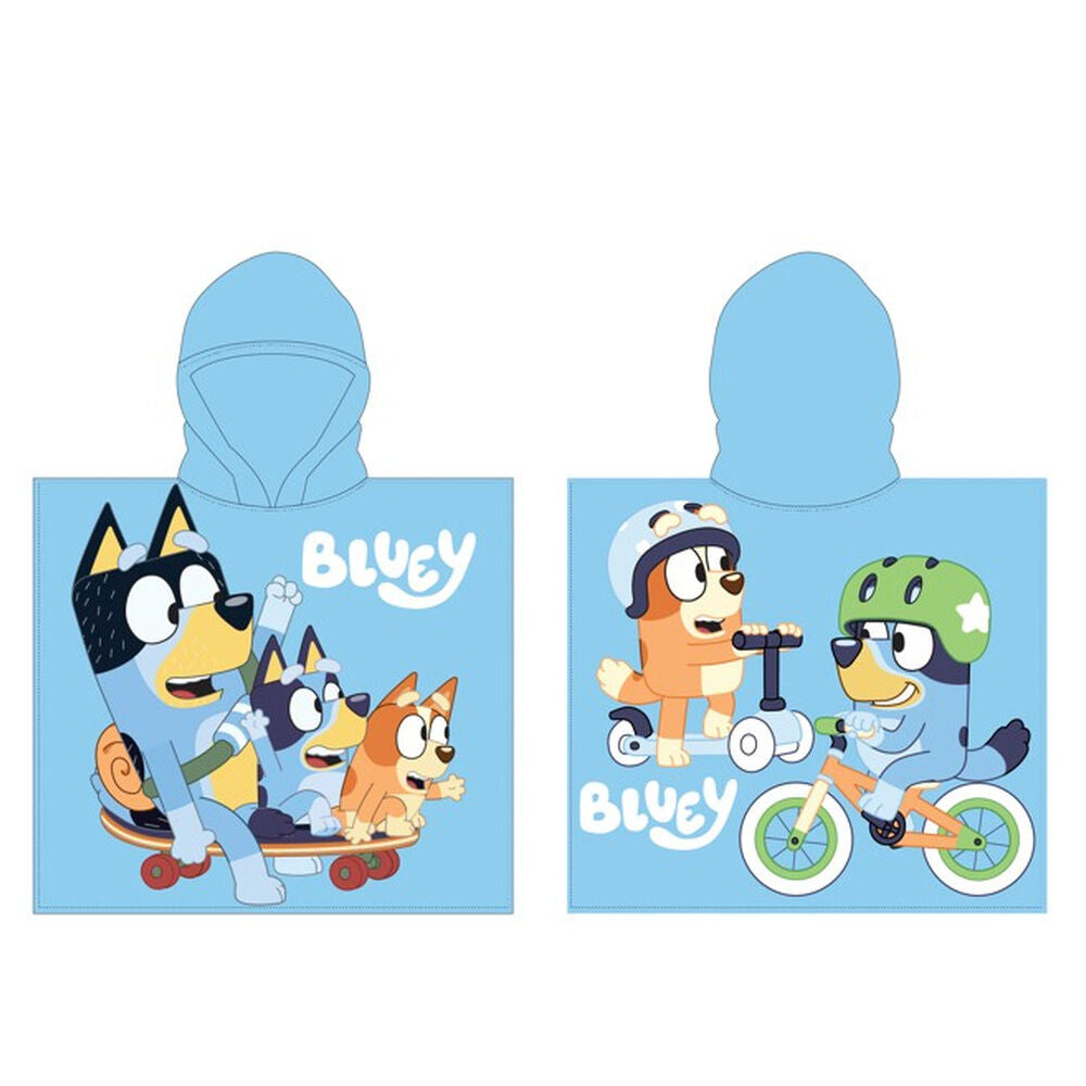 Poncho toalla azul de microfibra con estampados de Bluey y capucha
