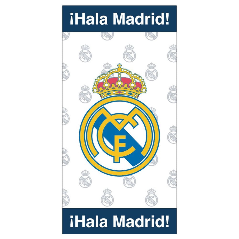 Toalla Real Madrid blanca y azul con escudo y mensaje ¡Hala Madrid!