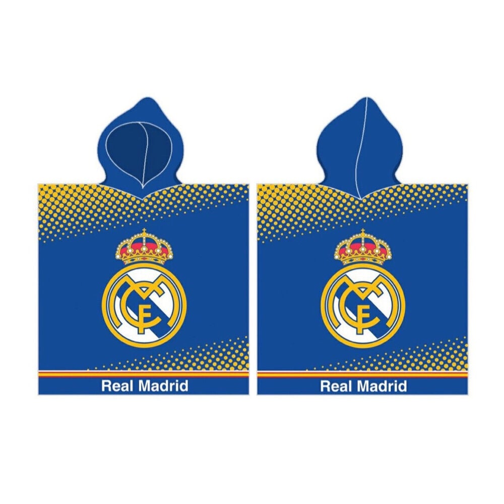 Poncho toalla azul del Real Madrid con capucha y escudo