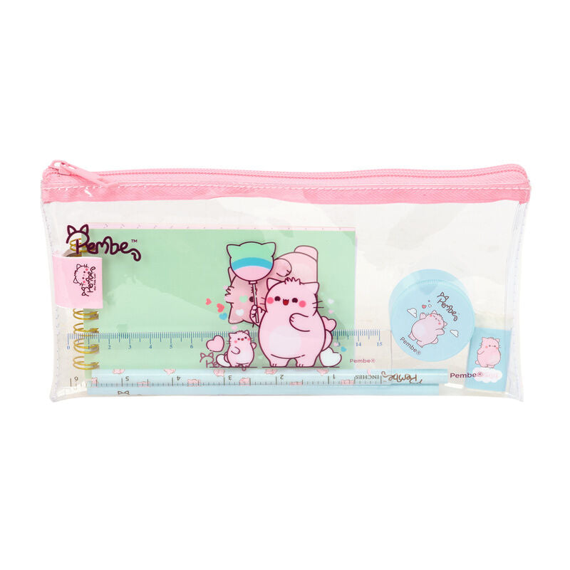 Set de papelería Pembe The Pink Cat con portatodo transparente y accesorios