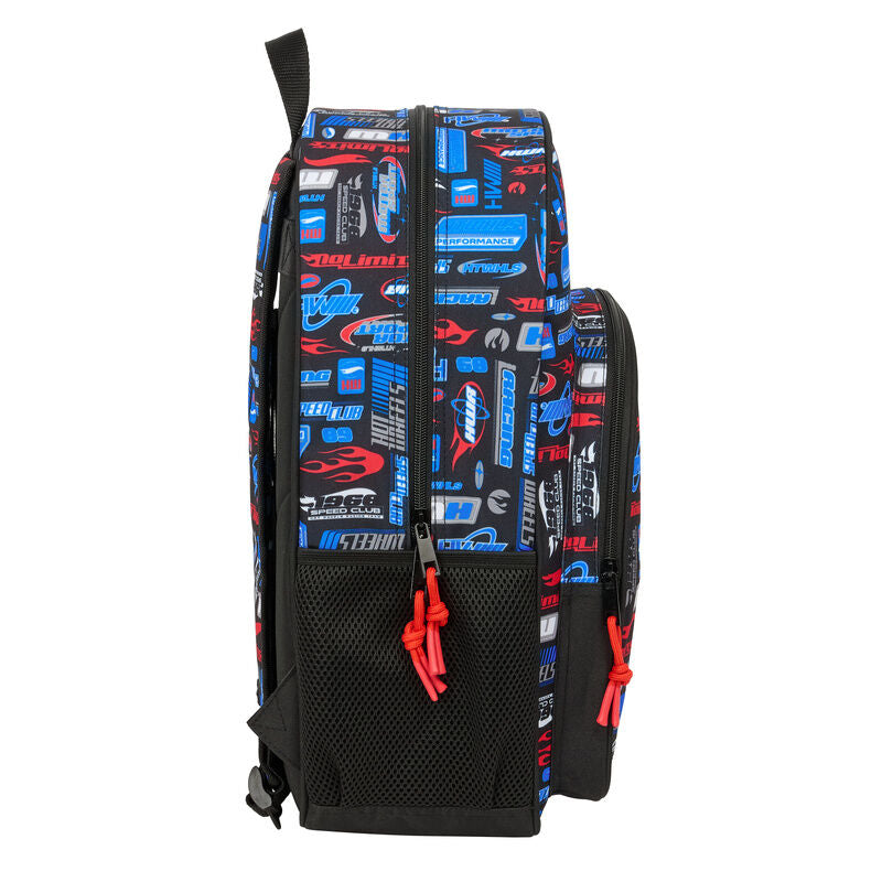 Mochila escolar Hot Wheels SAFTA negra con detalles azules y rojos - 3