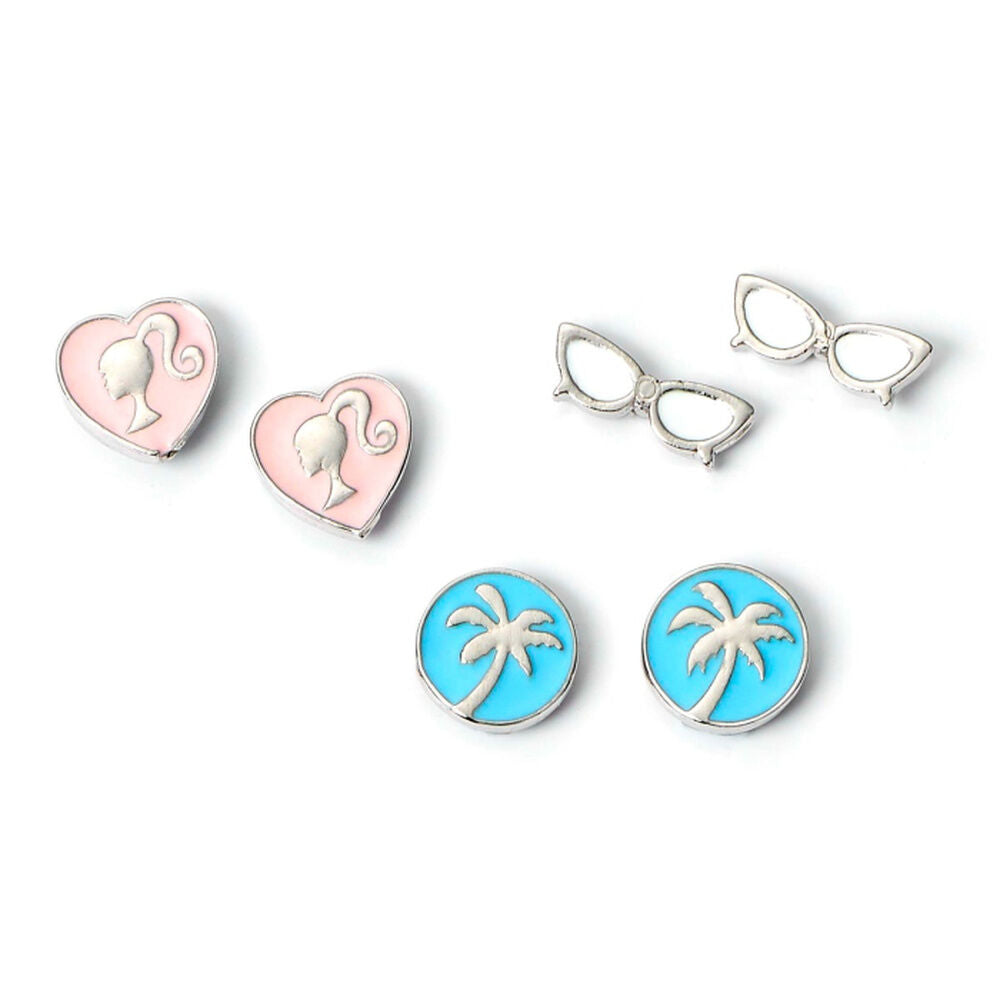 Set de tres pares de pendientes Barbie con diseños de corazón, palmera y lazo - 3