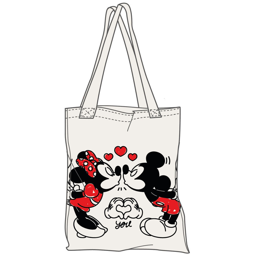 Bolsa shopping de algodón Disney con Mickey y Minnie rodeados de corazones