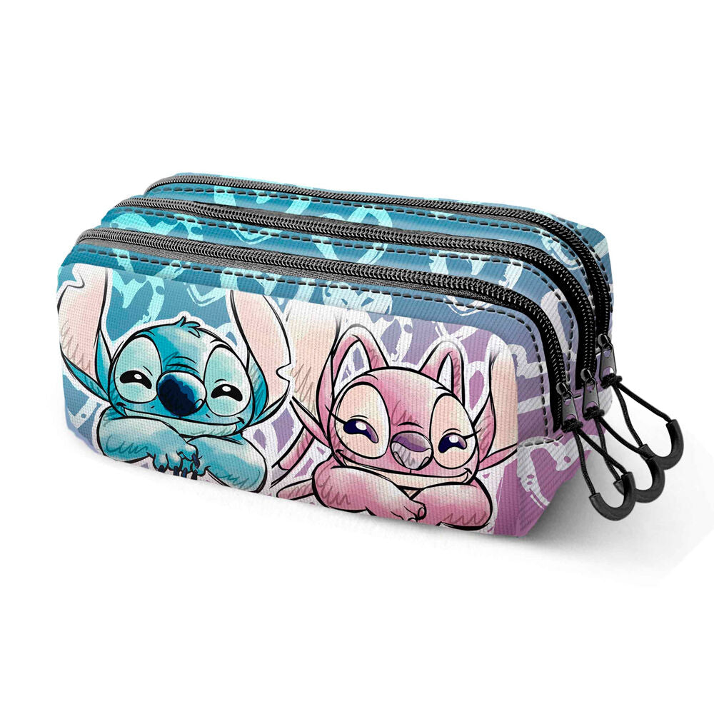 Portatodo triple Disney de Stitch y Angel en turquesa y rosa