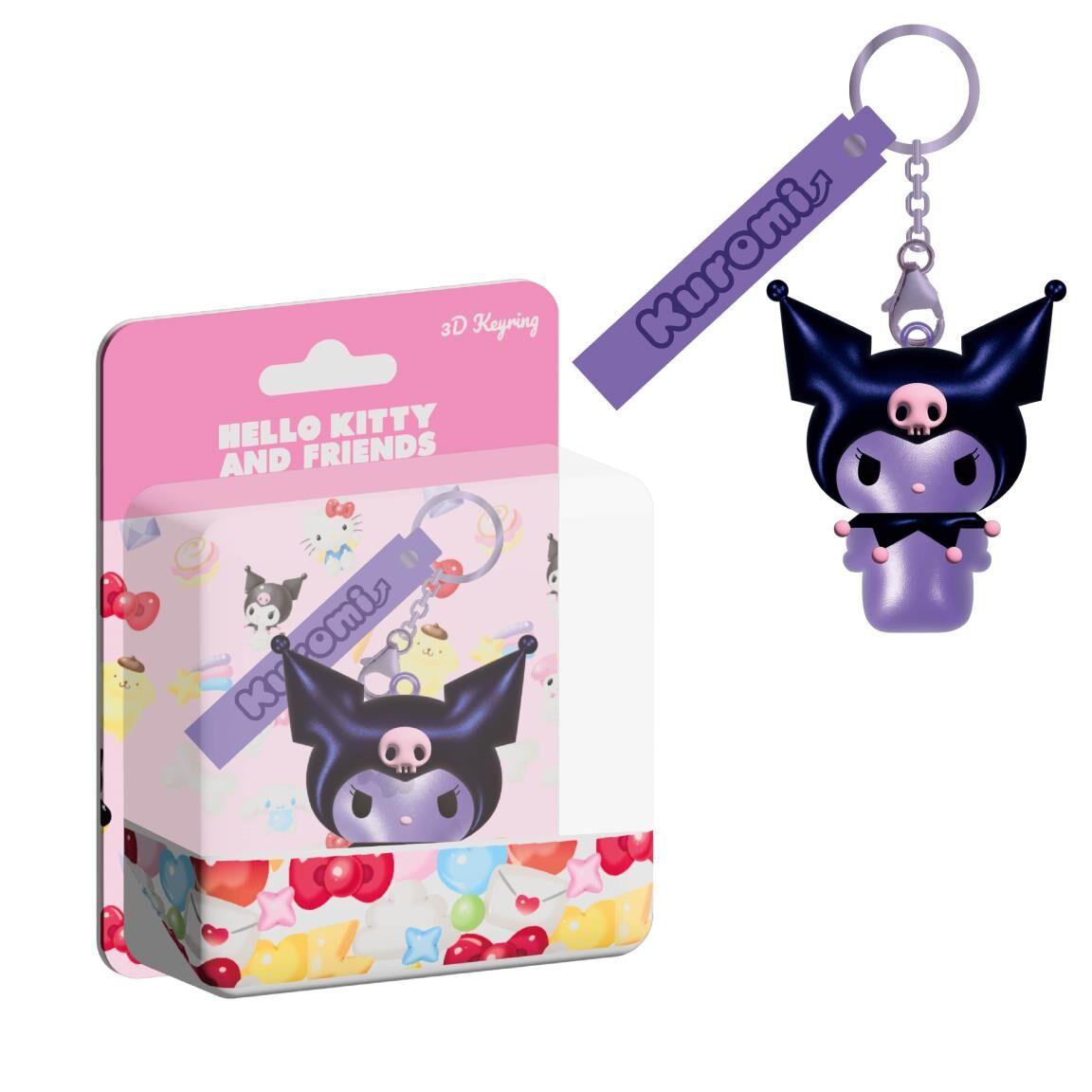 Llavero 3D de Kuromi en morado y negro con estuche ilustrado