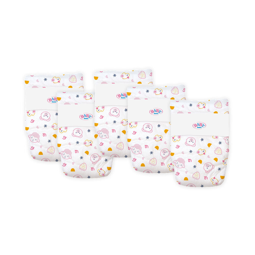 Pack de cinco pañales Baby Born estampados para muñecos de 43 cm