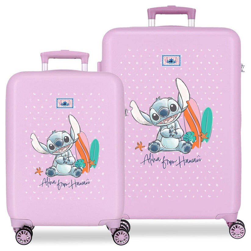 Set de dos maletas rosas Stitch Disney con tablas de surf