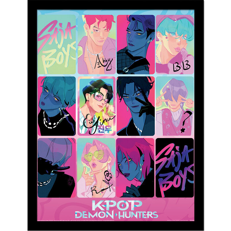 Cuadro enmarcado KPop Demon Hunters con collage de personajes coloridos