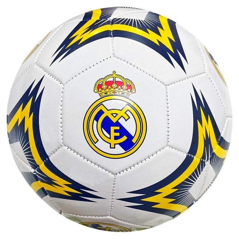 Balón de fútbol blanco del Real Madrid con escudo y detalles azul marino y amarillos