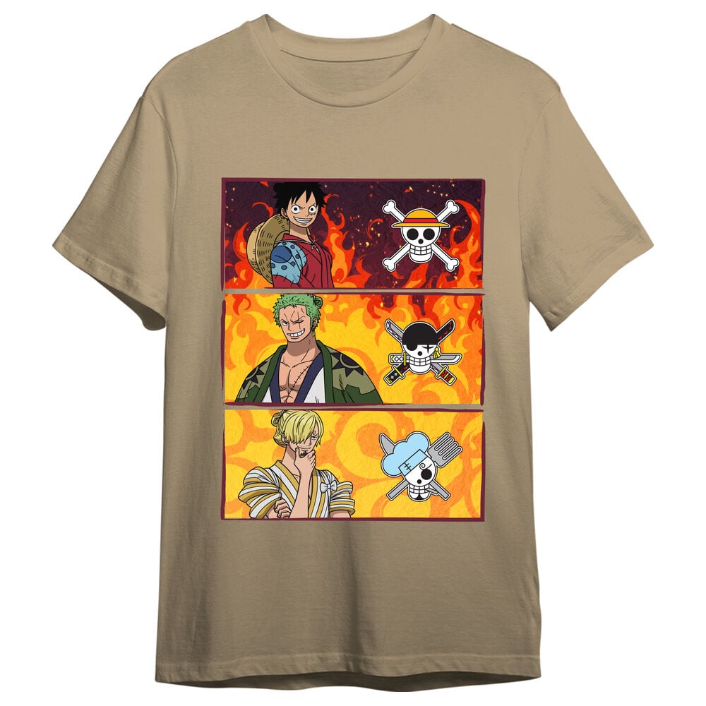 Camiseta beige de One Piece con Luffy, Zoro y Sanji