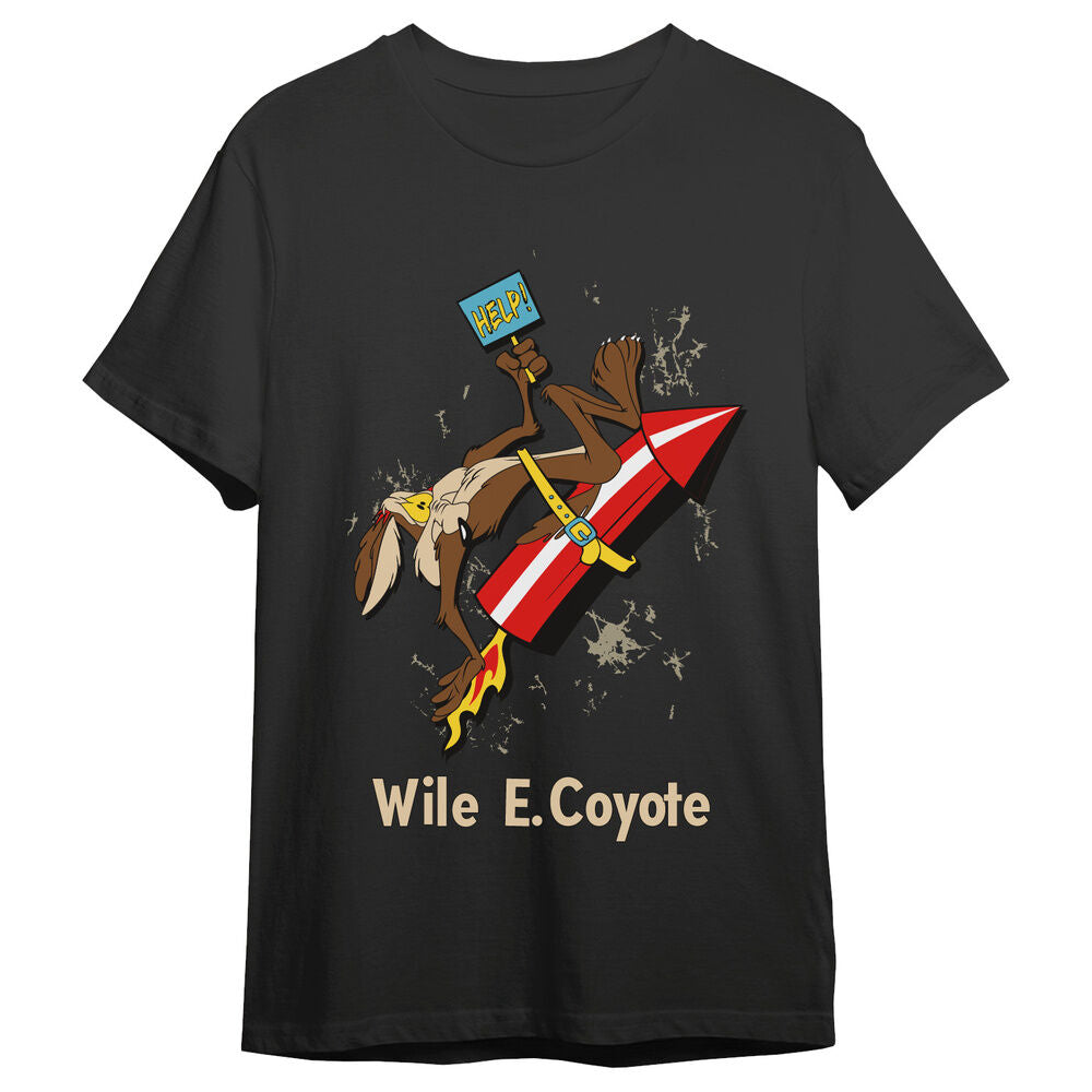 Camiseta negra de Wile E. Coyote de Looney Tunes sobre un cohete