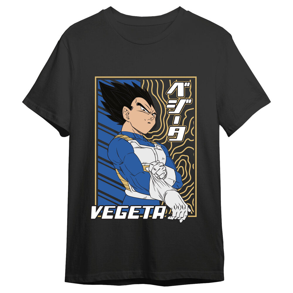 Camiseta negra de Vegeta de Dragon Ball Super con estampado frontal