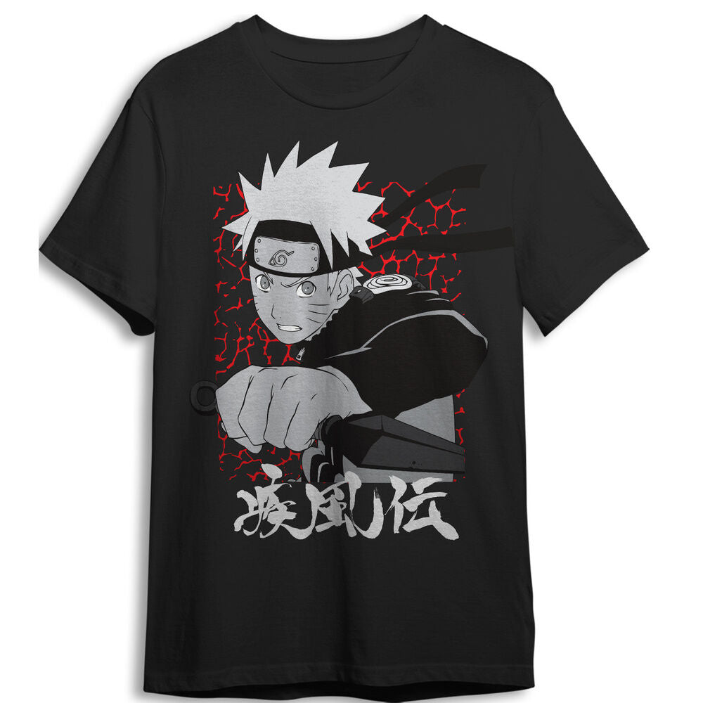 Camiseta negra de Naruto Shippuden con ilustración frontal de Naruto