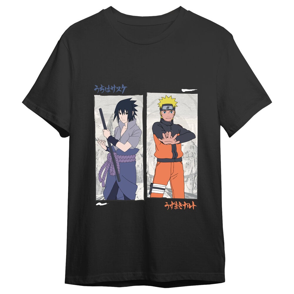 Camiseta negra de Naruto Shippuden con Naruto y Sasuke