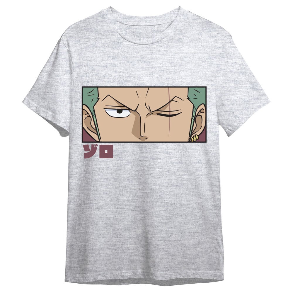 Camiseta gris de One Piece con diseño frontal de los ojos de Roronoa Zoro