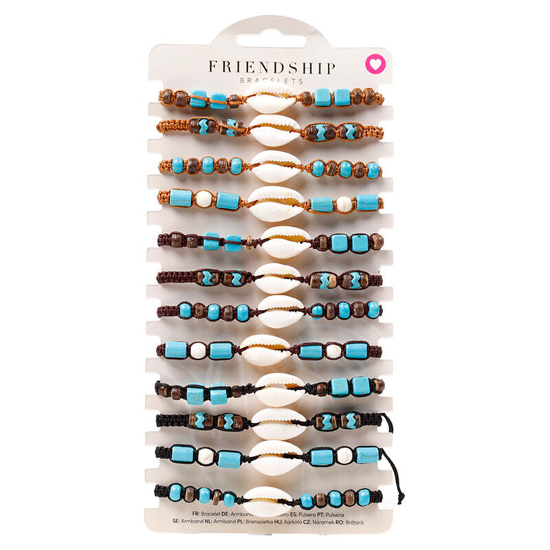 Surtido de pulseras boho marrones y turquesa con conchas cauri