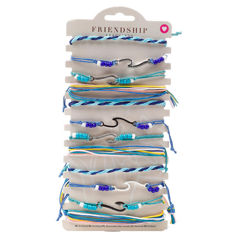 Pulseras boho surtidas en tonos azules con hilos y cuentas