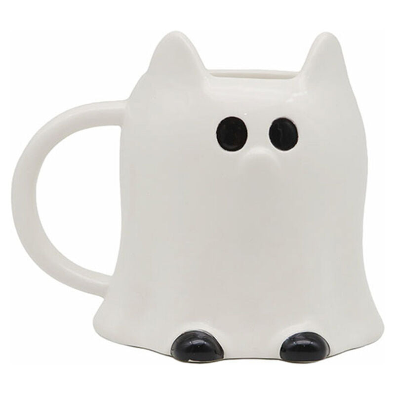 Taza blanca de cerámica con forma de gato fantasma y detalles negros