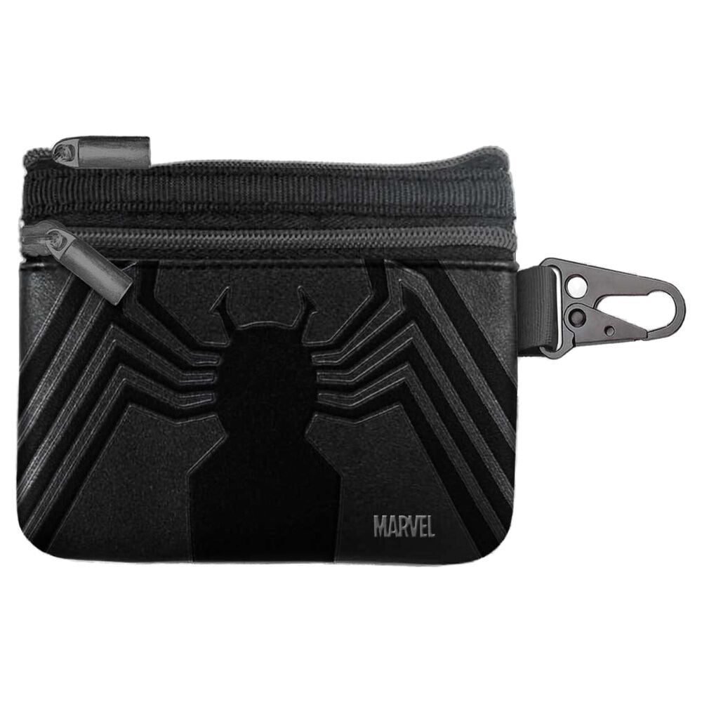 Monedero negro Venom Marvel con emblema de araña y mosquetón