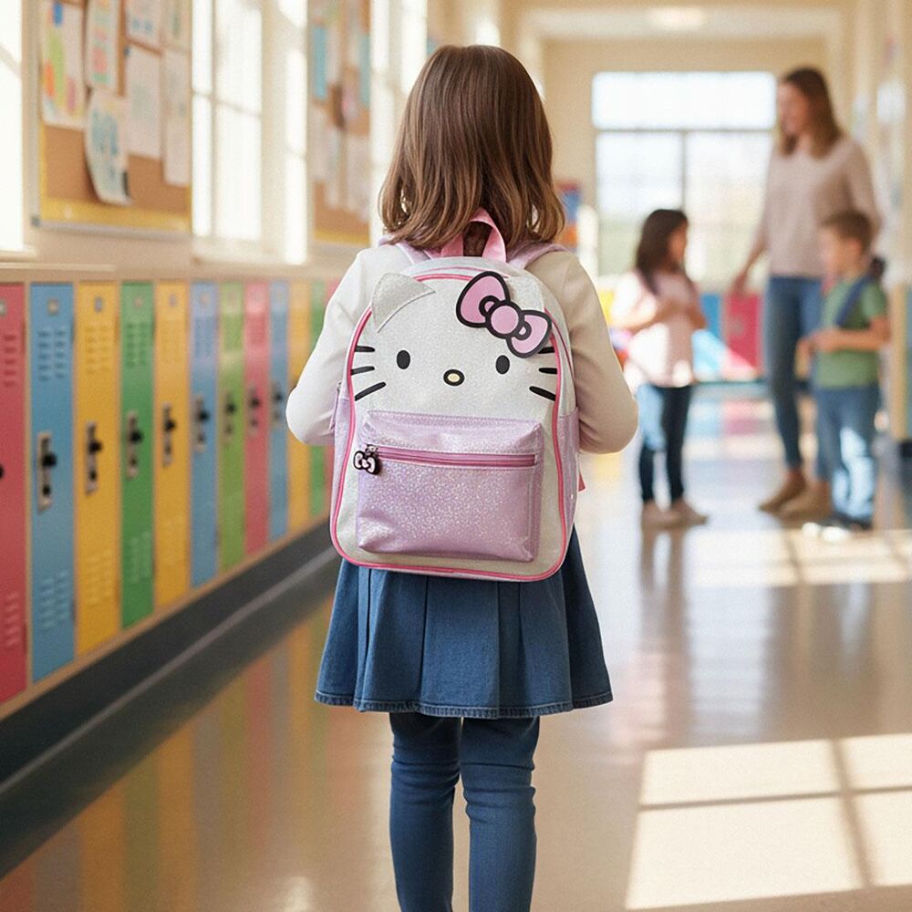 Mochila infantil Hello Kitty blanca, lila y rosa con bolsillo frontal - 6