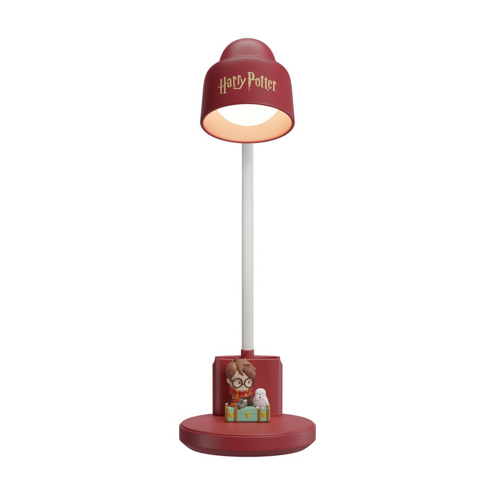 Lámpara de escritorio roja de Harry Potter con Harry y su lechuza en la base