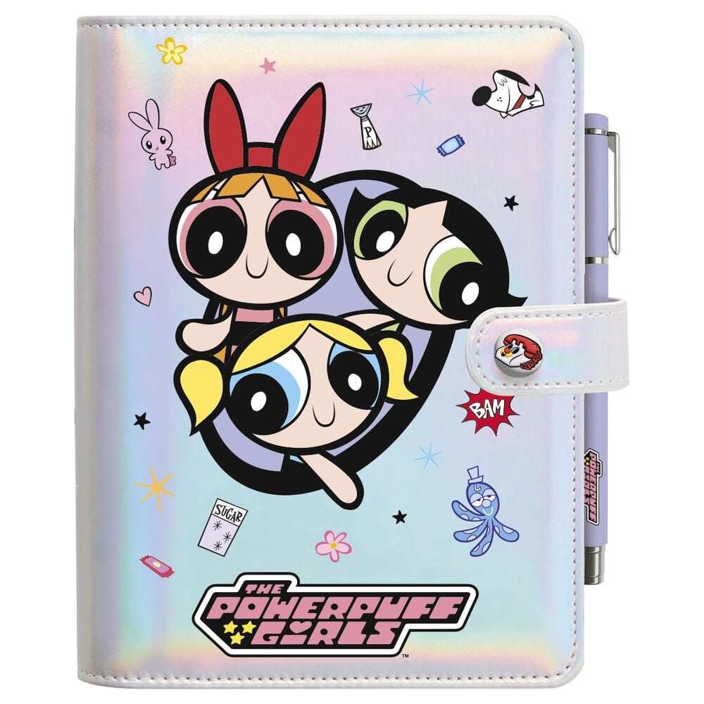 Cuaderno A5 de Las Supernenas con tapa dura iridiscente y bolígrafo