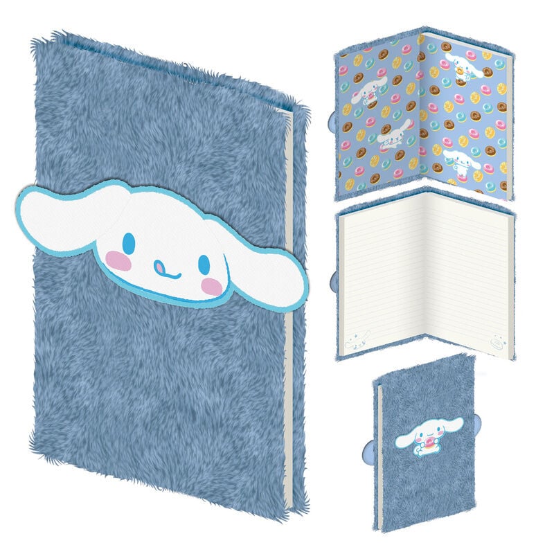 Cuaderno A5 azul de peluche con diseño de Cinnamoroll